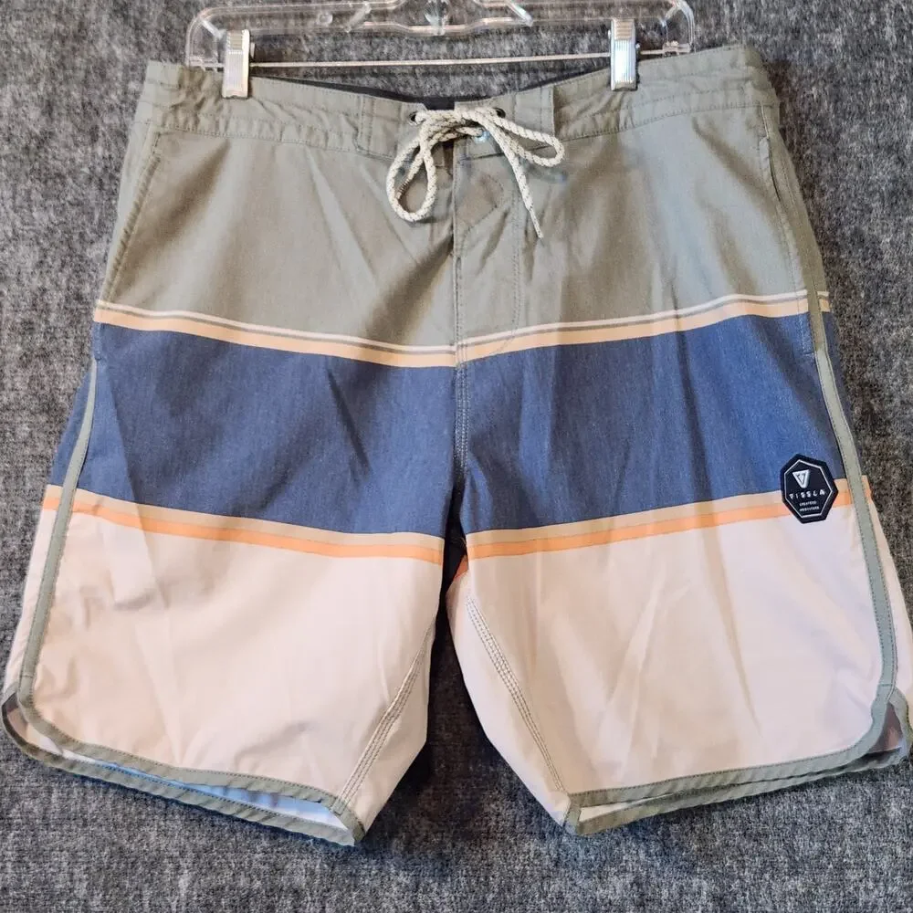 Vissla The Point Coconut Boardshorts 34 Green Blue Striped Stretch Swim Trunks